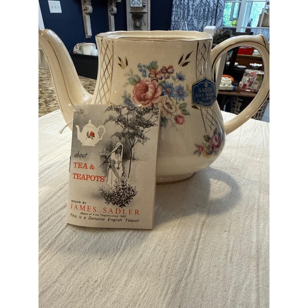 James Sadler Fine English Teapot Floral Gold Lattice Burslem England No Lid